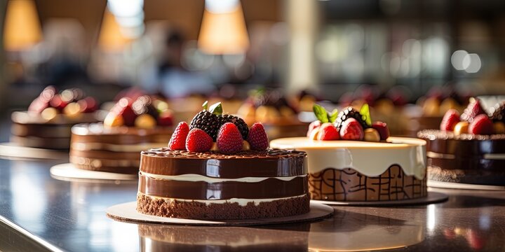 Cakes in pastry kitchen background