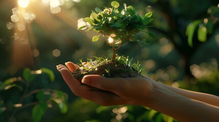 A woman's hands holding a small green plant in the sunlight. Ecology concept