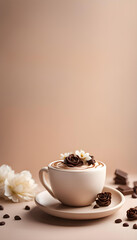 Cup of coffee with cinnamon, sugar, chocolate roses ornaments, artisan coffee, beautiful neutral cafe vertical background, coffee beans, copyspace, studio coffe cup with white flowers backdrop