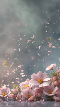 Fantasy background with fink flowers and petals, bokeh sky, copy space, beautiful flowal vertical wallpaper