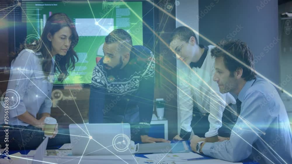 Poster Animation of network and data processing over diverse colleagues discussing at casual office