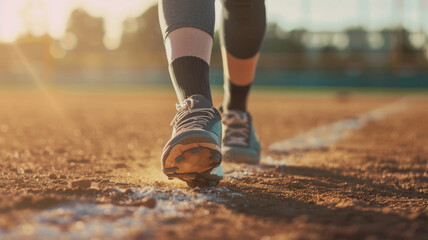 A closeup of a young woman's softball cleats running to 1st base