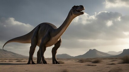  in the desert _The dinosaur diplodocus was a noble creature that walked in the epic world, when the world was full - obrazy, fototapety, plakaty