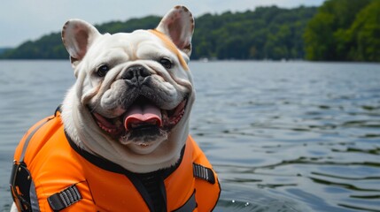 Safety Swim a bulldog sporting a bright dog life jacket excitedly gearing up for a swim in the lake