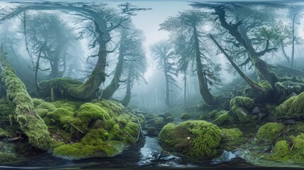 Amazing nature landscape view of north scandinavian forest. Spruce forest with moss. Location: Scandinavian Mountains, Norway. Artistic picture. Beauty world. Panorama - obrazy, fototapety, plakaty