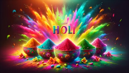 Illustration celebrating the holi with an explosion of vibrant colorful powders in the background.