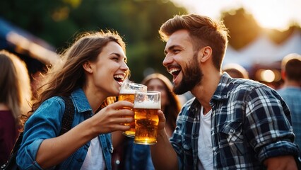 Group of young people having fun and drinking beer on festival