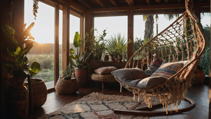 Boho chic reading nook with floor cushions and a hanging hammock chair - obrazy, fototapety, plakaty