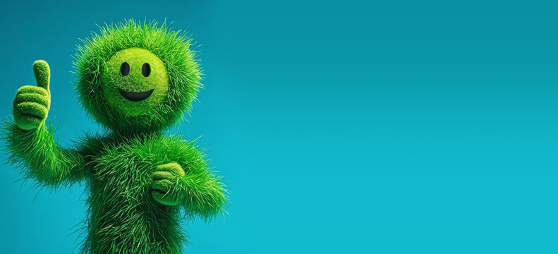 Homme en texture d'herbe verte avec pouce en l'air, banni&egrave;re banner environnement et &eacute;cologie avec espace vide - IA g&eacute;n&eacute;rative	
