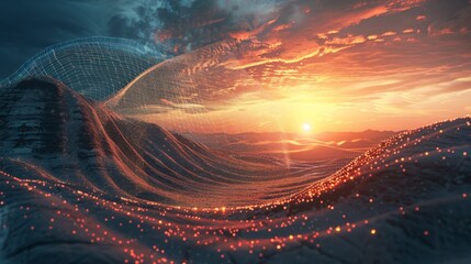Reimagining the Web in 3D Futuristic Sunrise with Wave Pattern in the Mountains