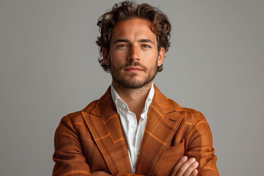 photo d'un bel homme confiant v&ecirc;tu d'un costume et d'une chemise blanche