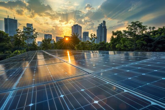 Solar City Sunrise: A city skyline with solar panels bathed in the golden light of sunrise.