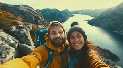 Couple tourist selfie in Norway hiking area - mountain trail above town of Skodje (Sunnmore region). Outdoor recreation activity. - obrazy, fototapety, plakaty