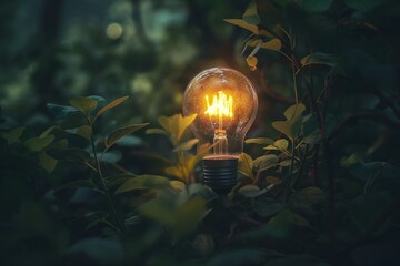 An electric light bulb shines in the forest among the leaves and grass, the concept of alternative and renewable energy