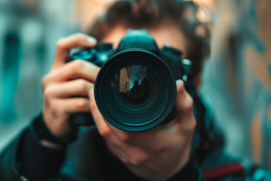 Male photographer with camera close-up, taking pictures, taking photos