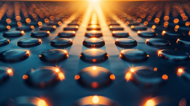 The metal structure glistens with shining objects as sun rays reflect off its surface. Round balls of opaque resin scatter shiny points of light, casting a solarization effect.