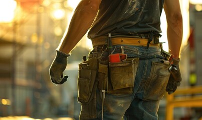 Worker with tools in denim jeans