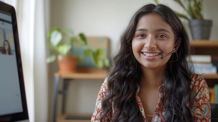 Headshot portrait screen view of smiling young Indian woman sit at home talk on video call with friend or relative, happy millennial biracial female speak online using Webcam conference on computer
