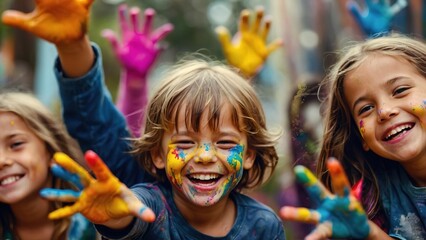 Group of kids laughing and having fun shows dirty hands with colorful paint - obrazy, fototapety, plakaty