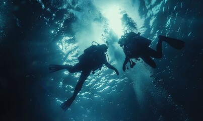 Underwater diver exploring the ocean depths - obrazy, fototapety, plakaty