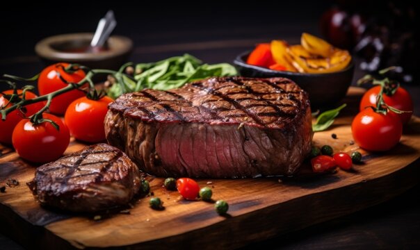 Juicy, char-grilled steak on a wooden board, flanked by vibrant tomatoes and greens, captured in stunning detail and rich colors