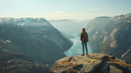 Hiker woman stands at rock and looks at aerial view in the mountains. Amazing nature view on the way to Trolltunga. Location: Scandinavian Mountains, Norway, Odda. Beauty world.