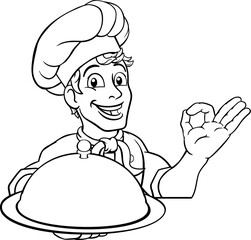 A chef cook or baker man cartoon character giving a perfect or okay chefs hand sign. Peeking over a background sign and holding a domed cloche food tray.