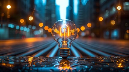 Futuristic Illuminated Light Bulb on City Street