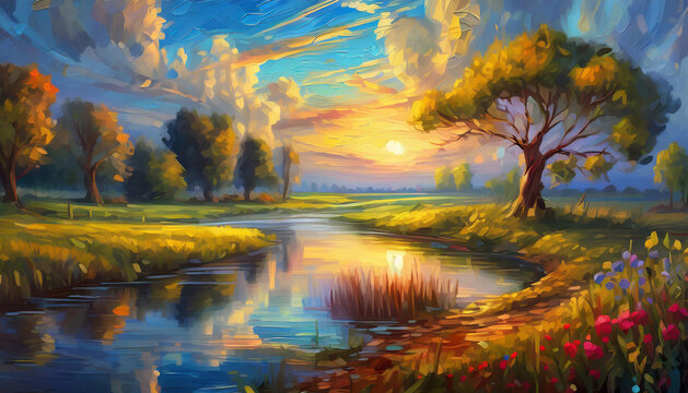 Abstract oil painting of river and forest. Orange sun in sky. Beautiful natural landscape.