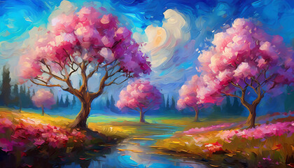 Abstract oil painting of river and pink blooming trees. Beautiful natural landscape. Spring season