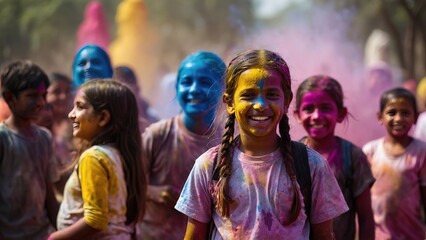 Fototapeta premium Group of kids having fun at Holi color festival
