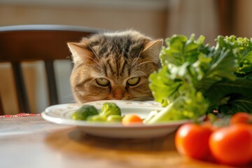 Brown tabby cat eyeing a plate of vegetables with a look of disdain. cat squinting in disdain at a plate of vegetables, the epitome of feline scorn for non-meat options - obrazy, fototapety, plakaty