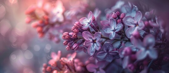 A close-up shot of beautiful little lilac blossoms set against a fuzzy natural background. The purple flowers are clustered together, showcasing their delicate petals and vibrant color.