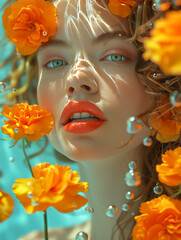 Ethereal Woman Surrounded by Marigold Flowers and Water Bubbles Underwater Fantasy