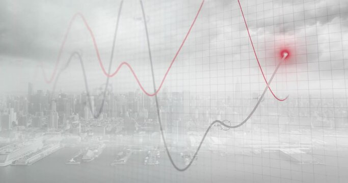 Animation of glowing graph processing data over cityscape and cloudy grey sky