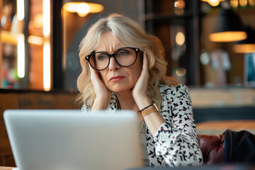 Woman wearing glasses works at laptop with headaches, holds hands on temples vision problem fatigue