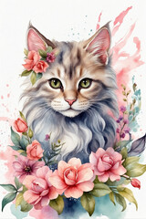 Beautiful fluffy grey cat surrounded by flowers