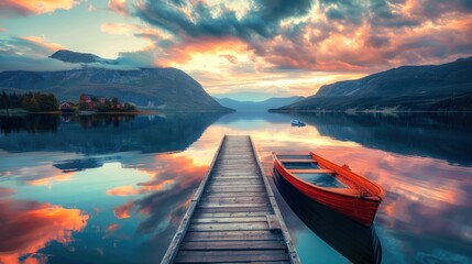 Scenic view of the pier with boats on the background of the mountains. Sunset sky reflected in calm water. Norway. Artistic picture. Beauty world.