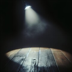 An empty dark room with a wooden floor with a spot-lit circle of light, stage, 