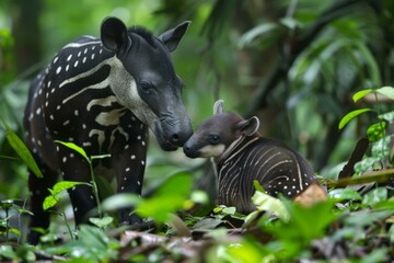 A Baird's tapir mother with her baby in a tropical rainforest, showcasing the species' nurturing behavior --style raw