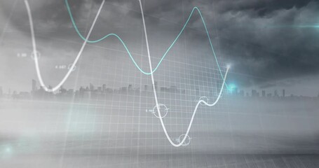 Animation of glowing graph processing data over cityscape and cloudy grey sky - Powered by Adobe