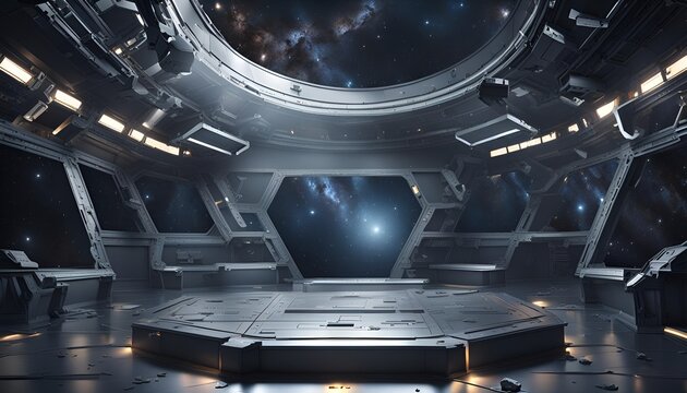 an empty raised dais in a space-ship observation room with viewports showing outer space