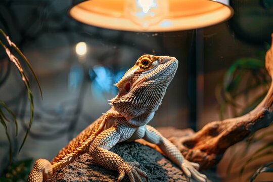 A bearded dragon basking under a heat lamp in a terrarium that mimics its natural habitat --style raw
