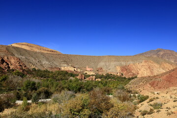 View on a ksar in the High Atlas which is a mountain range in central Morocco, North Africa, the highest part of the Atlas Mountains