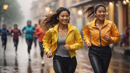 Different ethnic group womans in sportswear, running at city in splashes rain - obrazy, fototapety, plakaty