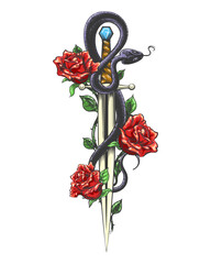 Engraving Tattoo with Snake and Roses on a Sword