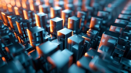 Fototapeta premium Urban Abstract Futuristic Cityscapes of Metal Cubes and Glowing Structures