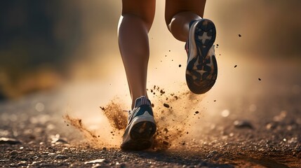Woman running on asphalt road, detail to her trainer shoe from behind