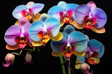 Realistic close up shot of a rainbow orchid. photo close up on amazing fresh aromatic pink blooms, Ai generated