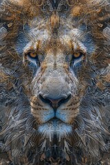 Dive into a mesmerizing multi-image composition melding intricate lion details, shrouded in enigmatic mystery